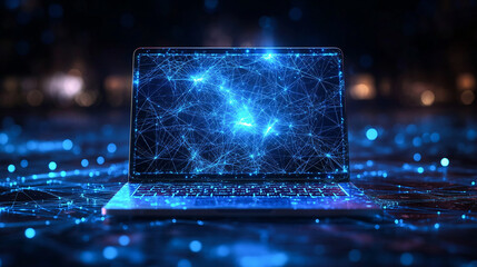 Poster - An abstract laptop design is presented in a low poly style, featuring a blue geometric background with wireframe light connection structures in a modern 3D graphic concept.