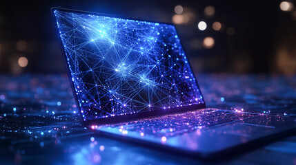 Poster - An abstract laptop design is presented in a low poly style, featuring a blue geometric background with wireframe light connection structures in a modern 3D graphic concept.