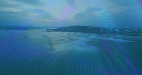Poster - Ocean waves and island landscape with digital data processing animation overlay