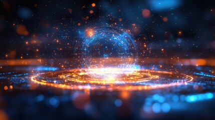 Poster - A vibrant digital illustration showcasing an abstract, glowing sphere surrounded by swirling lines and particles, creating a captivating cosmic effect.
