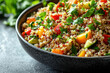© Vibudhaart - A bowl of quinoa salad filled with colorful vegetables and fresh parsley looks healthy and delicious on a dark textured surface.