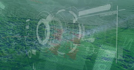 Poster - Animation overlaying digital interface on aerial view of lush green landscape