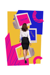 Poster - Creative color banner collage of brainwashed young lady walk in computer vintage screen control on social network channel fake news