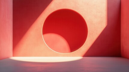 Poster - A minimalist interior featuring vibrant red walls and a circular cutout, accentuated by soft light creating a striking geometric composition.