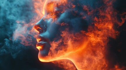 Poster - A surreal portrait of a woman surrounded by vibrant smoke, showcasing striking colors of blue and orange, evoking a sense of mystery and intensity.