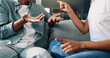 © peopleimages.com - Couple, hands and fight in home with stress, infidelity and pointing for accusation. People, argument and gesture on sofa with conflict tension, disagreement and angry in toxic relationship for blame