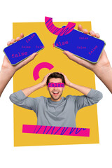 Poster - Magazine template vivid collage of shocked young guy brainwashed buy fake news from telegram chats on social network