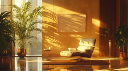 Poster - A bright, modern living space featuring a stylish chair, plants, and warm sunlight casting shadows on wooden walls.