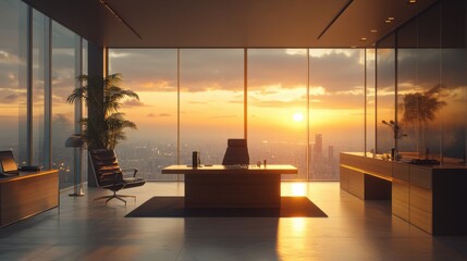 Poster - A modern office space with a panoramic sunset view, featuring stylish furniture and large glass windows, creating a serene and productive atmosphere.