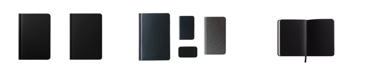 Leinwandbilder - Minimalist mockups of black notebooks and diaries on a clean white background ideal for design projects