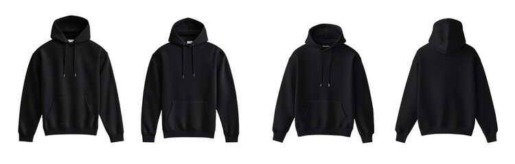 Poster - Minimalist isolated mockups of black hooded sweatshirts showcasing various angles and perspectives for design purposes