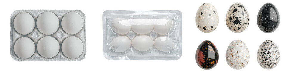 Poster - Minimalist isolated mockups showcasing various types of eggs in different packaging and designs