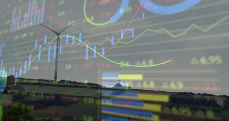 Poster - Wind turbine landscape with financial data and graphs overlay animation