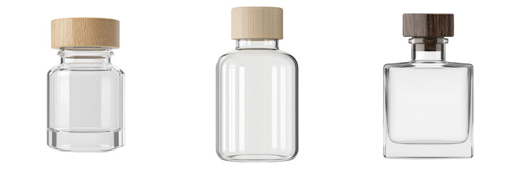 Leinwandbilder - Clear glass bottles with wooden caps presented in a minimalist mockup suitable for various product displays