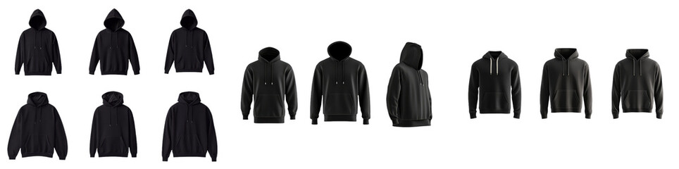 Aufkleber - Minimalist mockups of black hooded sweatshirts displayed in various styles and angles for design presentation