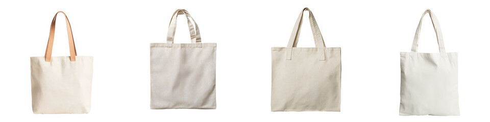 Poster - Isolated minimalist mockups of fabric tote bags showcasing various designs and angles on a plain background