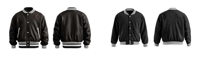 Poster - Minimalist mockups of black varsity jackets displayed from multiple angles for design and presentation purposes