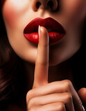 Extreme close-up and front view of a beautiful woman, doing expression with finger on lips silent shh gesture. Secret, silence, taboo and censorship and freedom of speech, concept. Generative Ai.