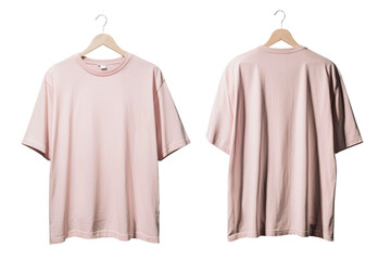 Poster - Minimalist mockups of a light pink t-shirt displayed from multiple angles on simple hangers in a clean, isolated setting