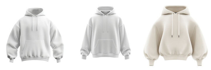 Poster - Minimalist isolated mockups of three different hoodie designs in neutral colors for fashion and apparel display