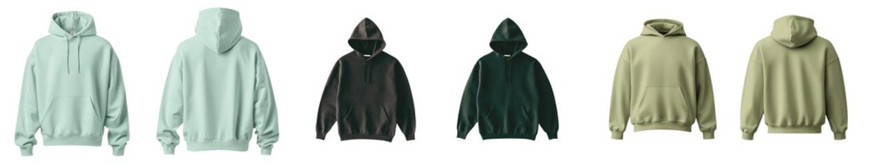 Poster - Minimalist mockups of hoodies showcasing various colors and styles in a clean, isolated setting for trendy apparel display