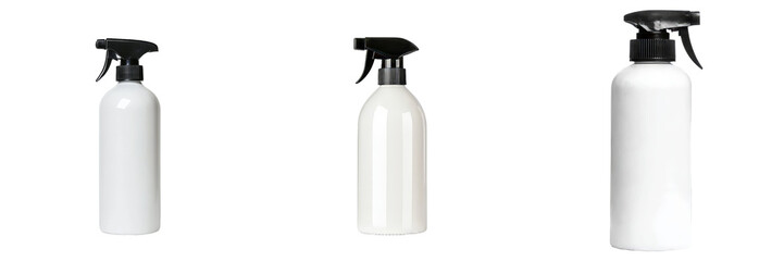 Aufkleber - Minimalist mockup showcasing three different styles of blank spray bottles against a clean background