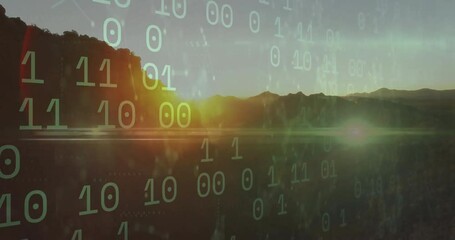 Poster - Binary code animation over scenic landscape with mountains and sunset
