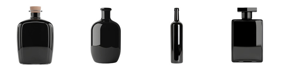 Poster - Minimalist isolated mockups of black glass bottles in various styles and shapes for product showcasing and design inspiration