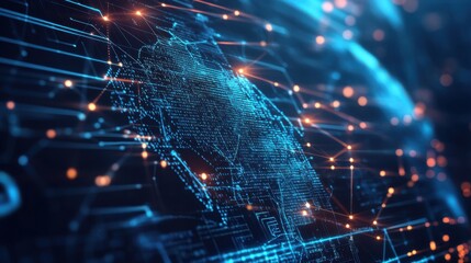 Poster - A digital representation of a globe with data connections, showcasing technology and global networking in a vibrant blue and orange color scheme.