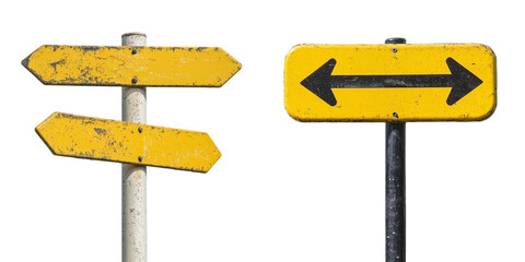 Poster - Two weathered yellow directional signs with contrasting arrows on isolated backgrounds offering guidance
