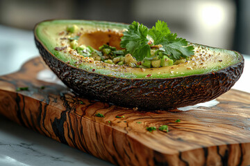 Poster - A close-up of a ripe avocado half, filled with diced avocado and garnished with cilantro, on a wooden cutting board.
