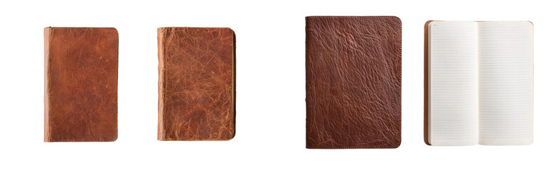Aufkleber - Elegant collection of minimalist brown leather notebooks displayed on a clean white background in a modern setting