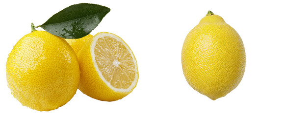 Poster - Freshly sliced lemons beside whole lemons on a white background in a minimalist display