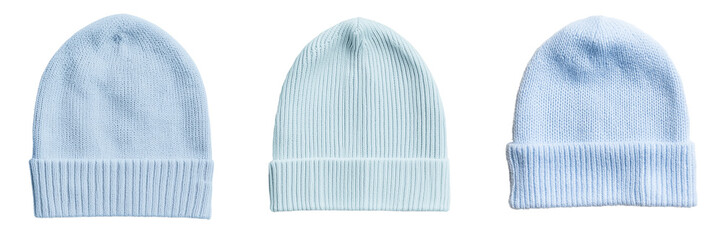 Poster - Three isolated minimalist mockups of light blue beanies showcasing different textures and styles on a clean background