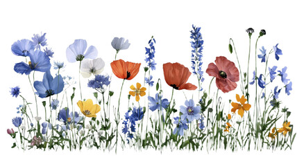 Poster - Vibrant collection of wildflowers in a serene minimalist setting on a white background