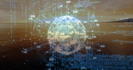 Poster - Digital globe and data processing animation over ocean landscape at sunset