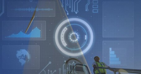 Poster - Operating machinery outdoors, construction worker using futuristic data interface animation