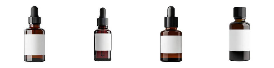 Poster - Minimalist mockup of four isolated amber glass bottles against a white background for product presentation and branding purposes