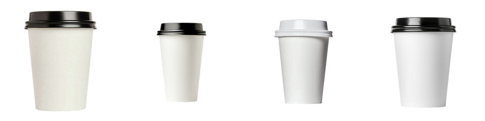 Poster - Minimalist mockups of isolated coffee cups in various heights and styles showcasing versatile design options for branding