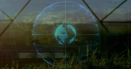 Poster - Digital globe animation over grassy landscape with data processing elements