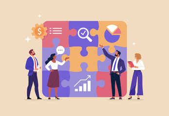 Fototapete - Business Teamwork concept. Contemporary flat style abstract vector illustration of a group of diverse people discussing with a completed puzzle in the background.