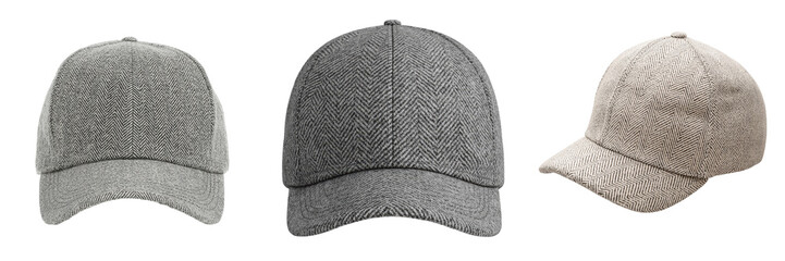 Poster - showcasing isolated minimalist mockups of three stylish grey hats on a plain white background