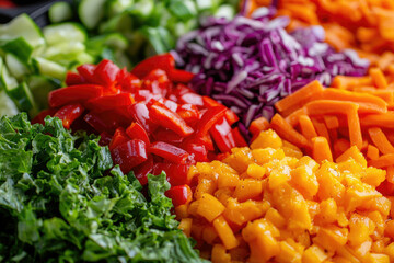Poster - A colorful array of freshly chopped vegetables including kale, peppers, cabbage, cucumber, and carrots arranged for a healthy salad.