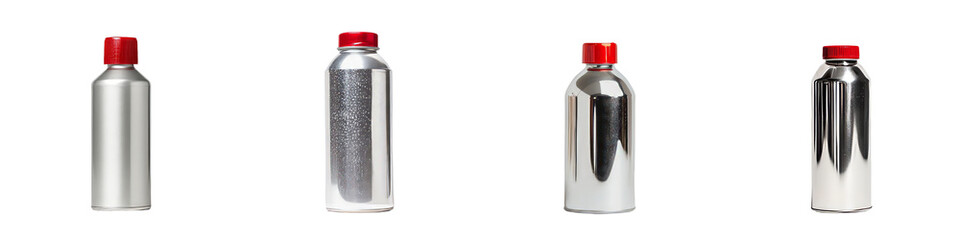 Leinwandbilder - Showcase of isolated minimalist mockups featuring metallic bottles with red caps against a white background