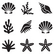 © firoz - Set of Vector Black silhouettes sea shells, algae and starfish. illustration on a white background.
