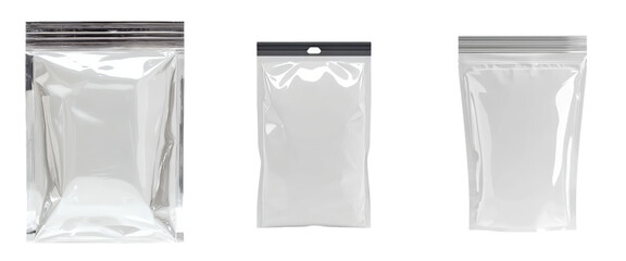 Poster - Minimalist mockups showcasing three different styles of transparent packaging bags in a clean, isolated setting