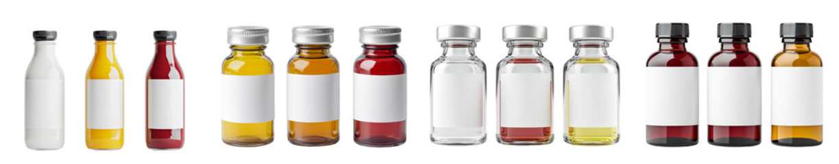 Poster - Minimalist isolated mockups showcasing various glass bottles with clear labels against a white background for design purposes