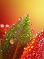Wall Mural - Leaf Tip with Water Droplets Close-up of vibrant foliage against a warm, blurred, orange background