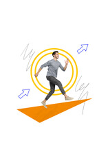 Aufkleber - Vertical collage sketch of happy smiling successful guy running towards his dream goal isolated on drawing white color background