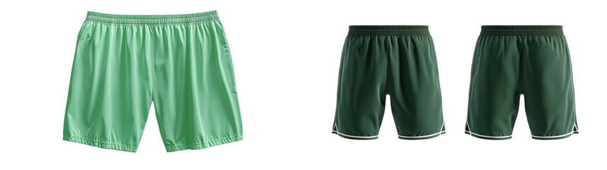 Aufkleber - Minimalist mockups of green athletic shorts showcasing front and side views on a clean, white background